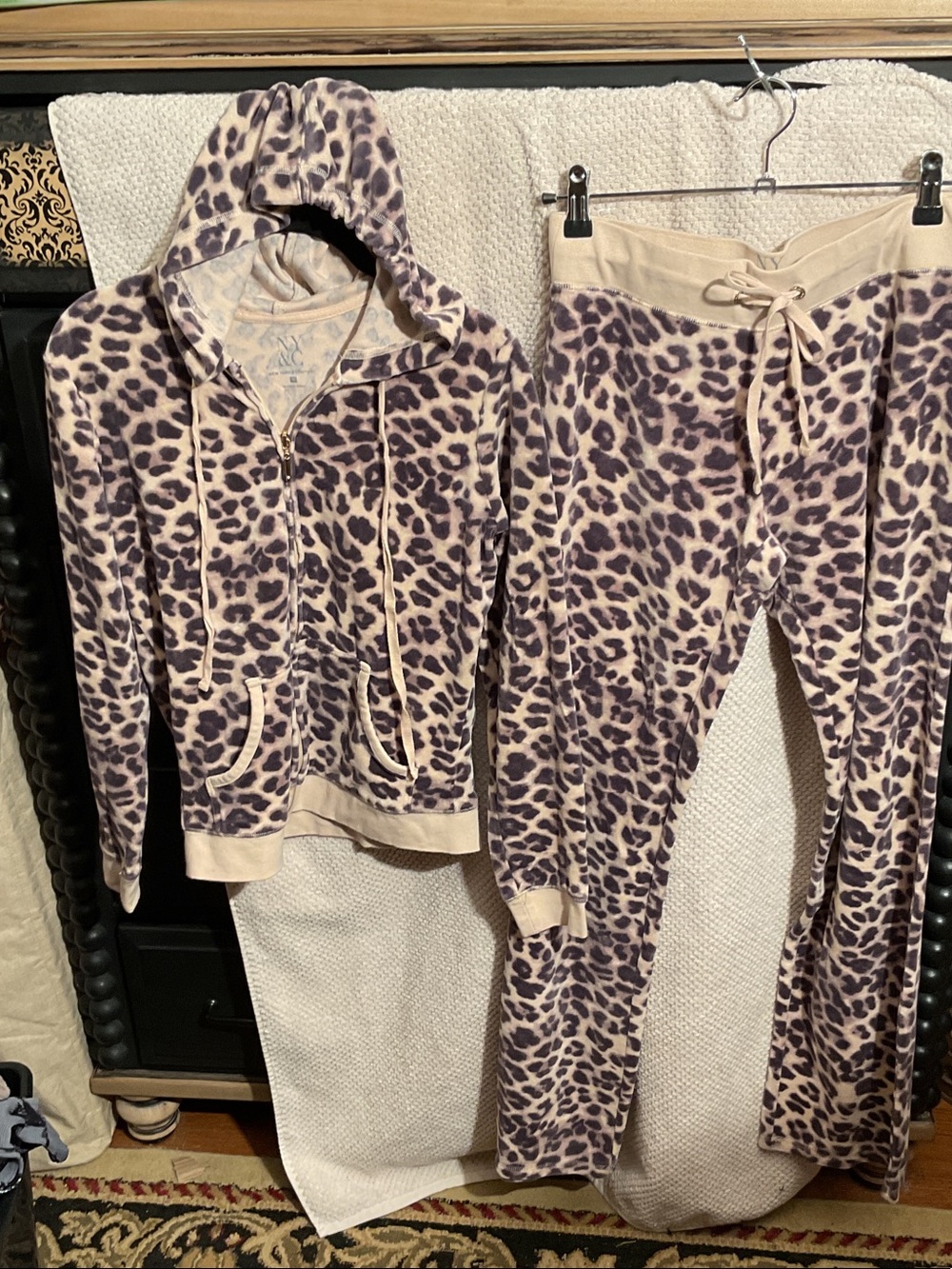 New York & Company Taupe and black Leopard Print Hooded Sweat Suit